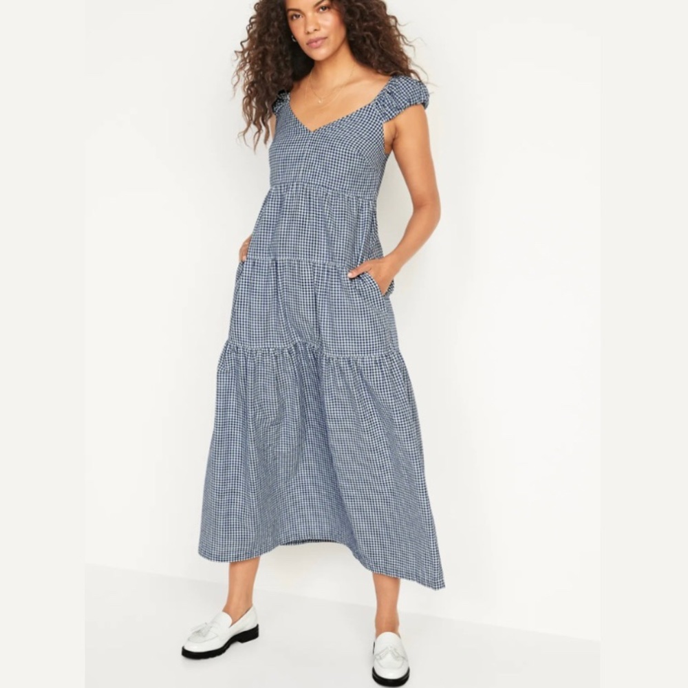 Old Navy Women's Blue Gingham Fit & Flare Tiered Seersucker All-Day Maxi Dress